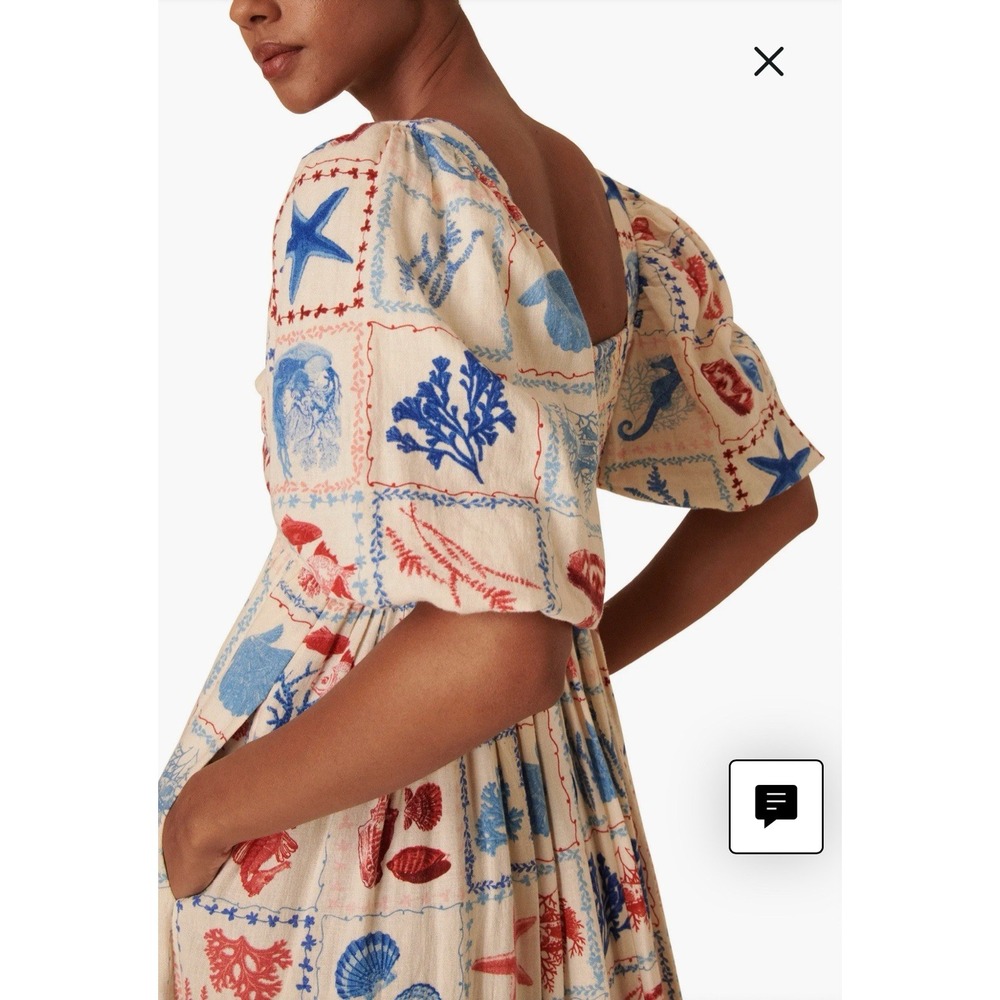 Nobody's Child Nova Print Puff Sleeve Maxi Dress Nautical Linen Beach Shells‎ - Picture 3 of 16